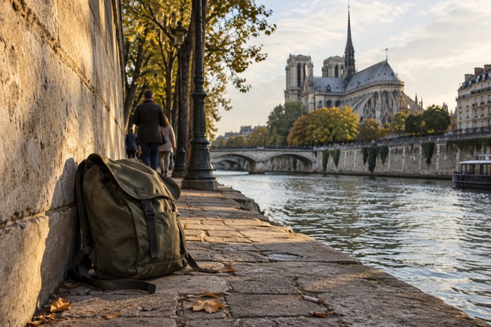 Un sac à dos sur le quai de pierre, de l'autre côté de la Seine, face au musée d'Orsay