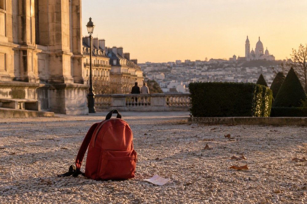Un petit sac à dos sur la cour de gravier à l'intérieur des grilles dorées de Versailles