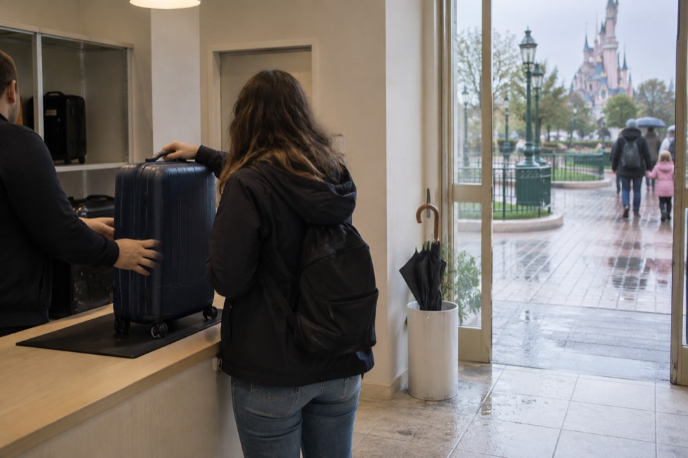Une valise qui attend au comptoir d'une petite boutique parisienne