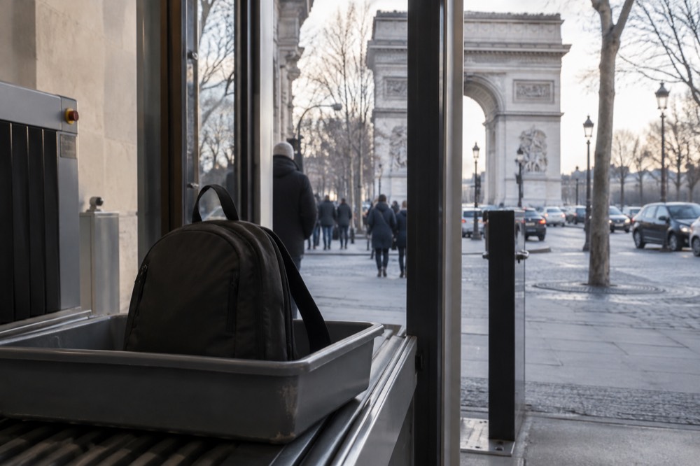 Un sac à dos dans le bac d'un scanner de sécurité à l'entrée d'un monument parisien
