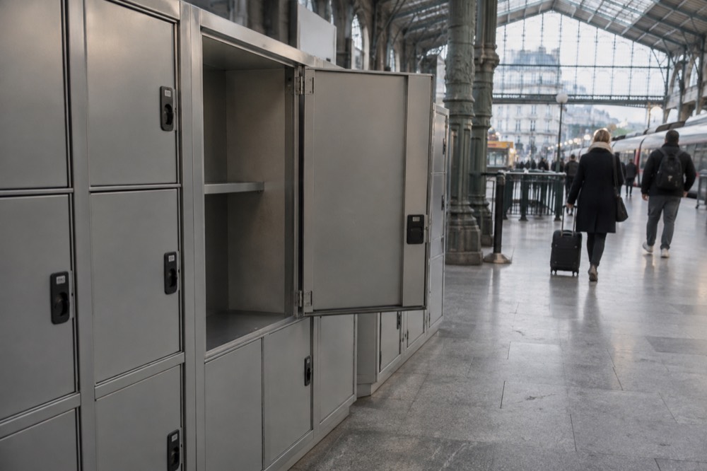 A row of luggage lockers in a Paris station with one door standing open