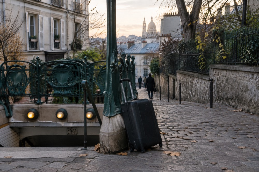 A suitcase on the pavement beside a Paris metro entrance