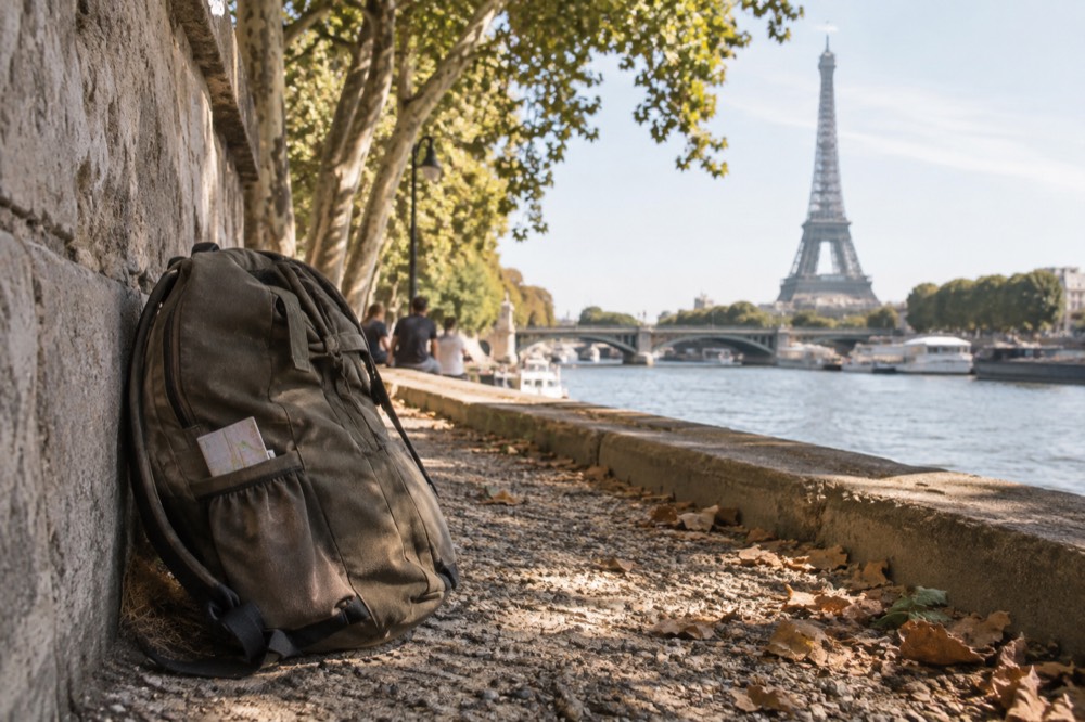 Un sac à dos sur un chemin de gravier bordé d'arbres et baigné de soleil dans les jardins de Versailles