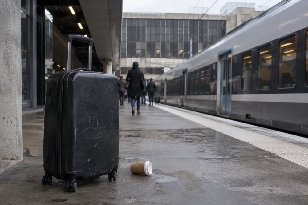Une valise sur un quai de gare parisienne à côté d'un train régional à l'arrêt