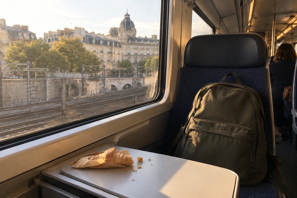 Un sac à dos sur le siège d'un train de banlieue parisien, avec des toits qui défilent dehors