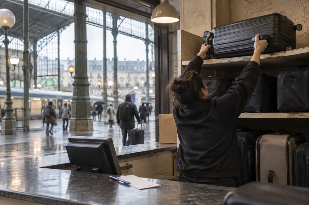 Une valise hissée sur une étagère derrière le comptoir d'une boutique à Paris