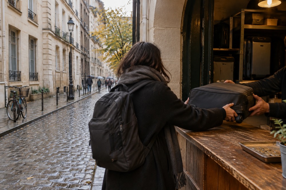 Un voyageur remettant une valise par-dessus le comptoir d'une boutique à Paris.