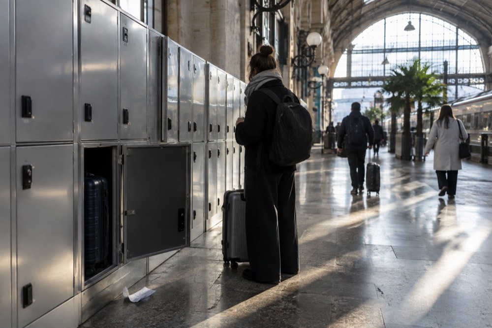 Une rangée de casiers à bagages en libre-service dans une gare parisienne.