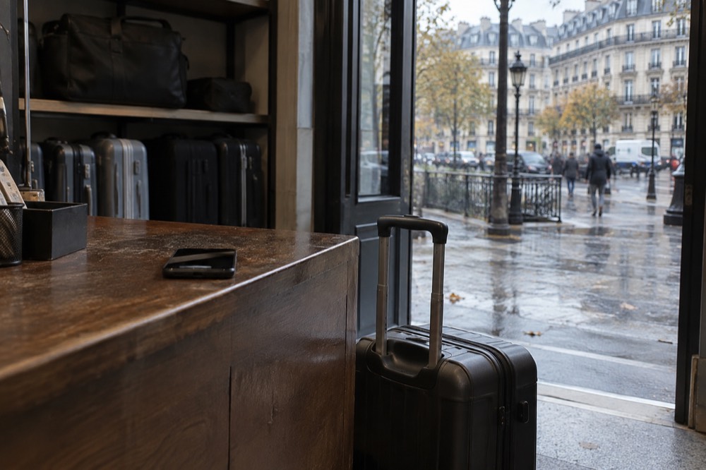 Un téléphone posé sur le comptoir d'une boutique parisienne, à côté d'une valise qui attend