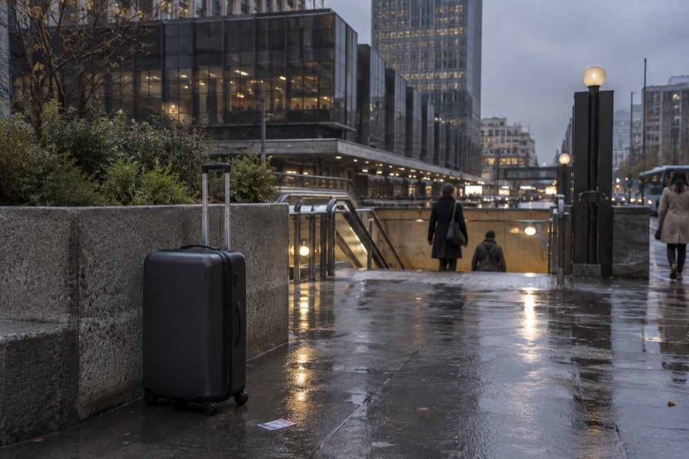 Une valise qui attend à côté des portiques d'entrée d'une station de métro parisienne.