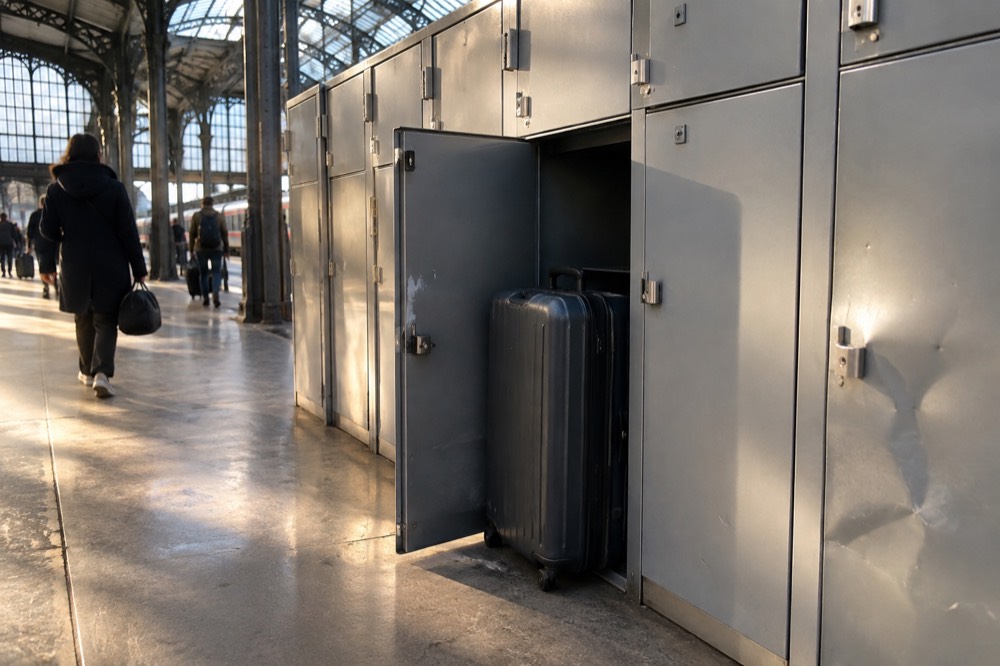 Une grande valise dans un casier de gare, porte ouverte.