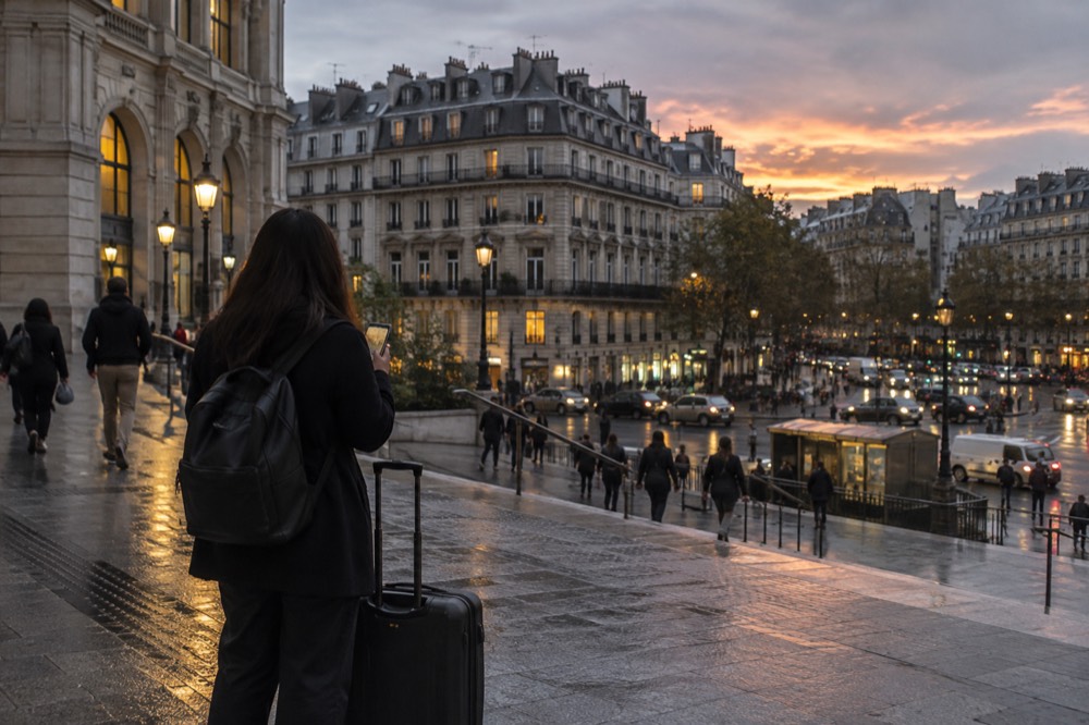 Un voyageur tenant un téléphone à côté d'une valise devant l'entrée d'une gare parisienne