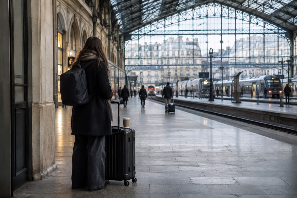 A traveller waiting with a suitcase in a bright station concourse