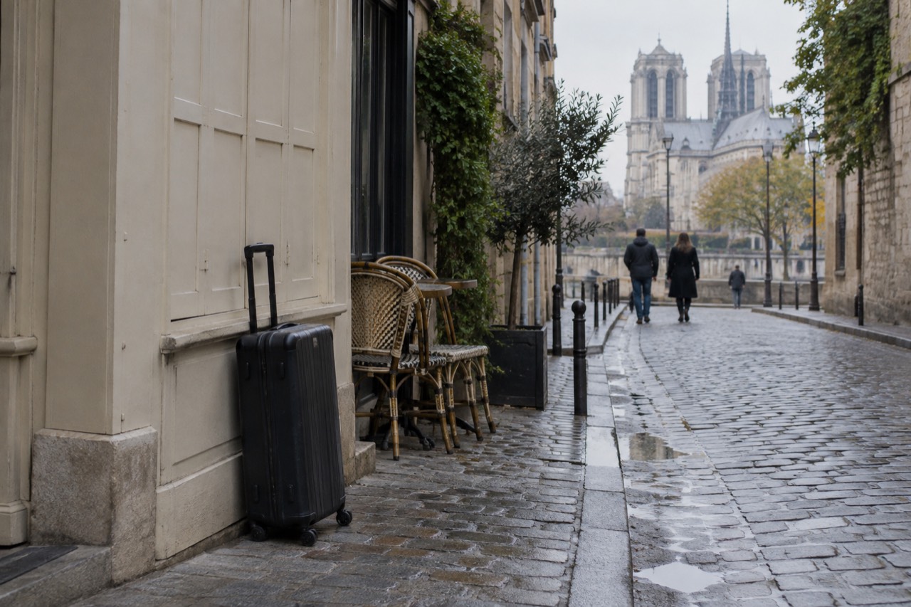 A suitcase standing beside a closed shop shutter on a Paris street