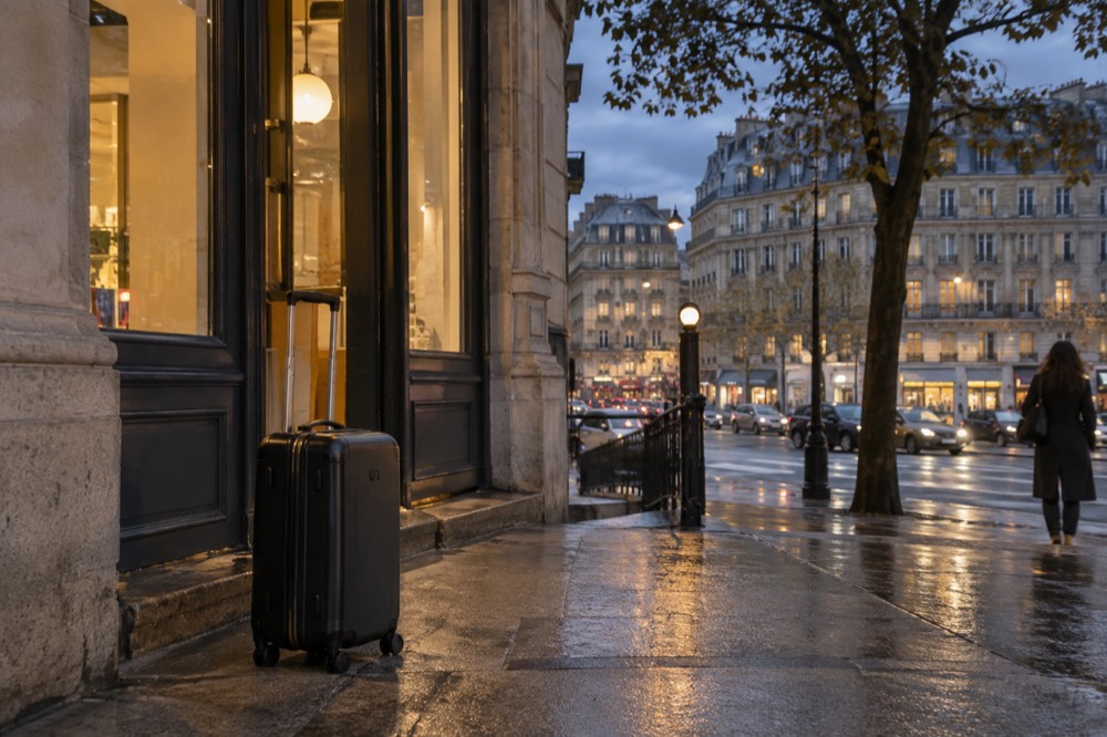 A lit Paris street at dusk with a suitcase waiting outside a shop front
