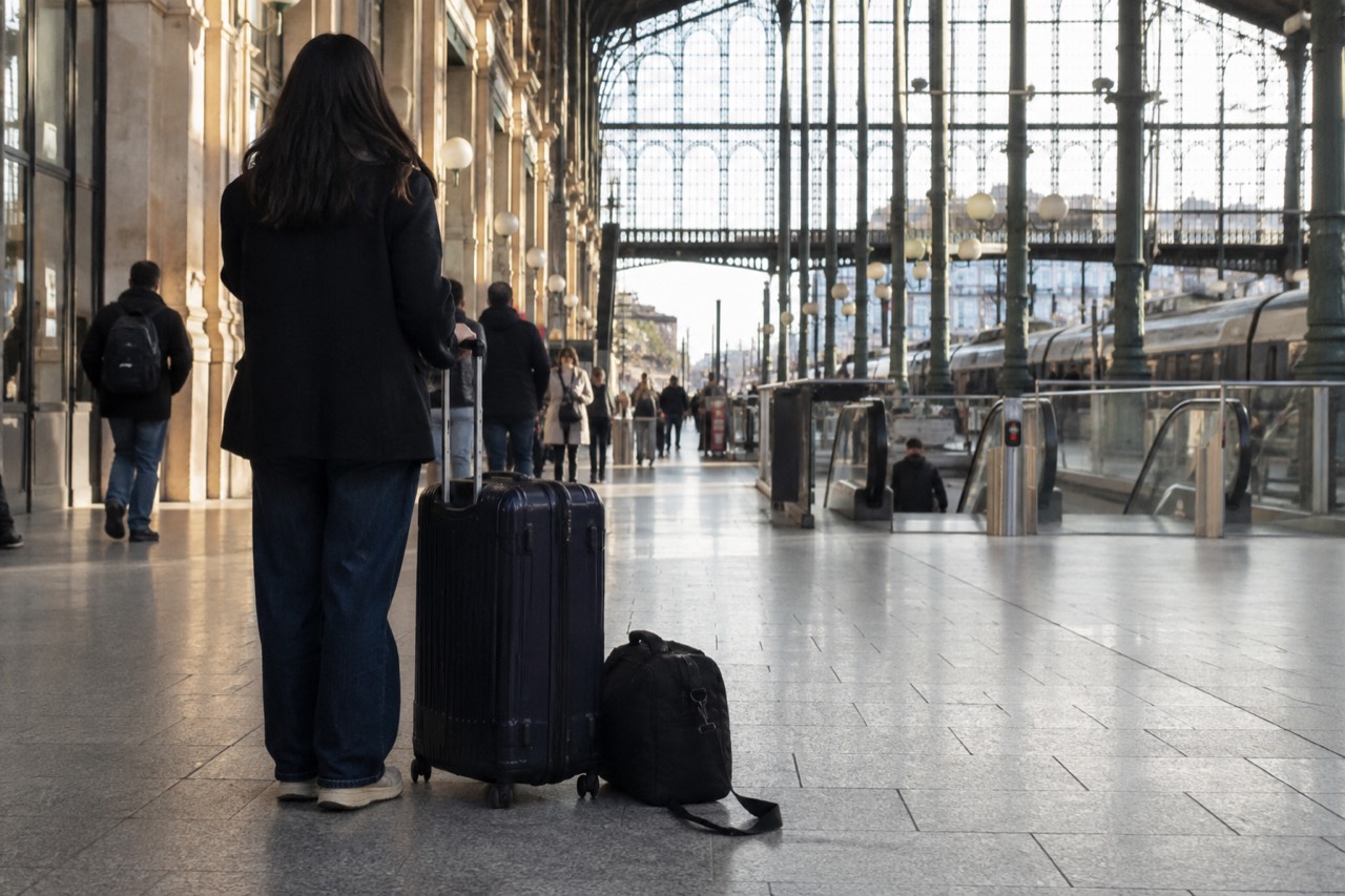 A wheeled suitcase and a duffel bag standing on the paving of a Paris station concourse beside a traveller seen from behind, the gap between arriving and hotel check-in that luggage storage covers.